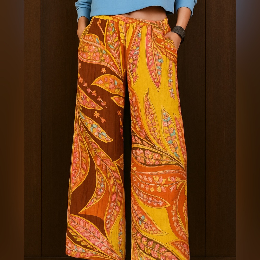 Haute Hippie Orange Yellow Floral Wide Leg Palazzo Print Crepe Pants Size Large